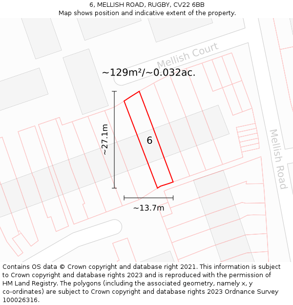 6, MELLISH ROAD, RUGBY, CV22 6BB: Plot and title map