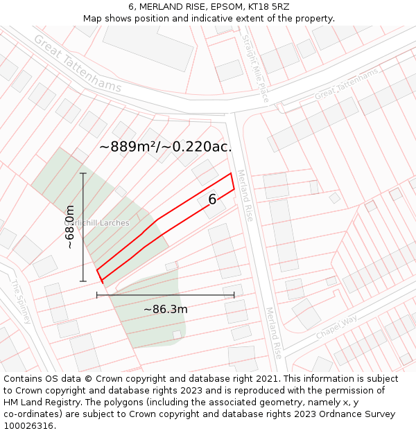6, MERLAND RISE, EPSOM, KT18 5RZ: Plot and title map