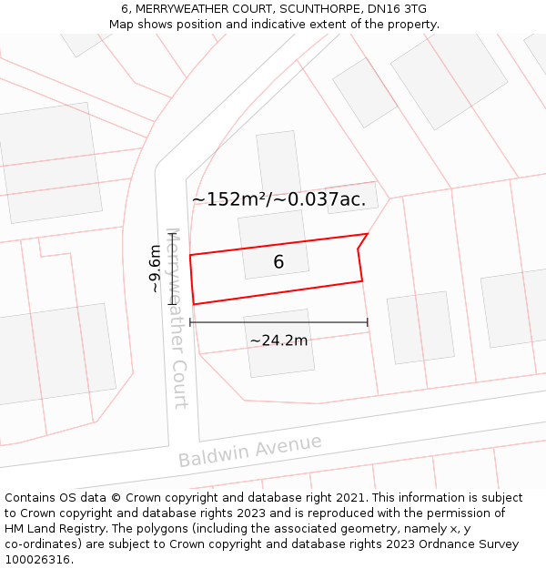 6, MERRYWEATHER COURT, SCUNTHORPE, DN16 3TG: Plot and title map