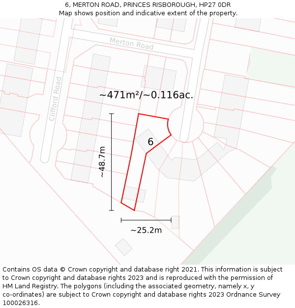 6, MERTON ROAD, PRINCES RISBOROUGH, HP27 0DR: Plot and title map