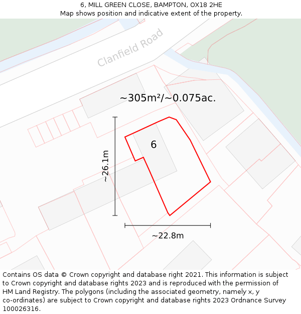 6, MILL GREEN CLOSE, BAMPTON, OX18 2HE: Plot and title map
