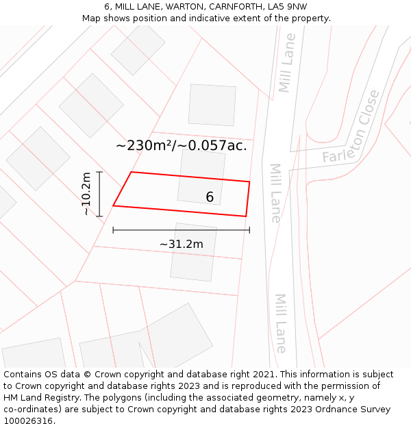 6, MILL LANE, WARTON, CARNFORTH, LA5 9NW: Plot and title map