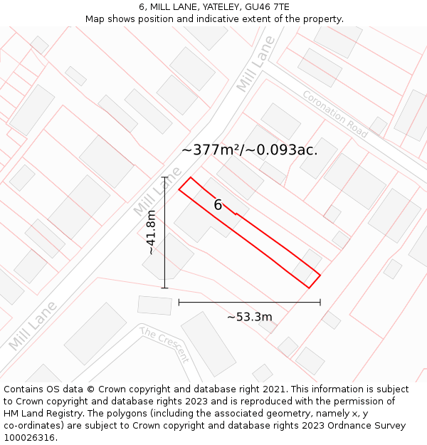 6, MILL LANE, YATELEY, GU46 7TE: Plot and title map