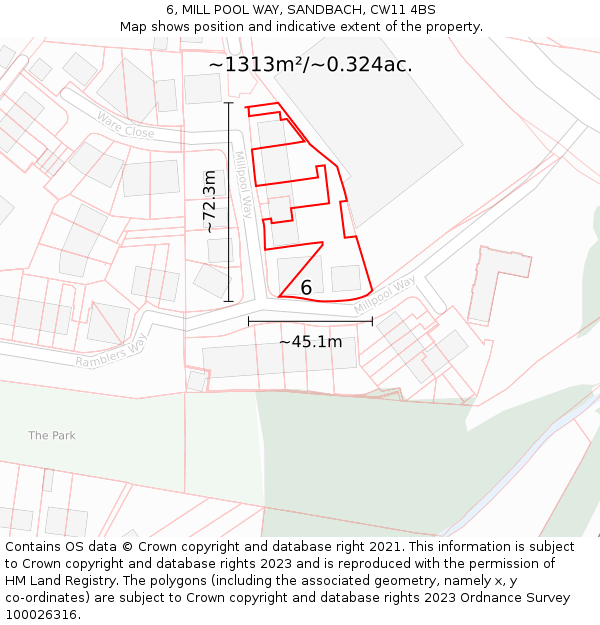 6, MILL POOL WAY, SANDBACH, CW11 4BS: Plot and title map