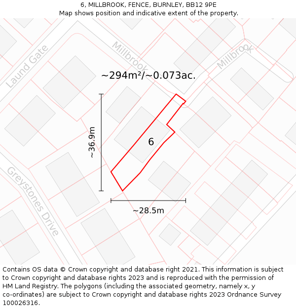 6, MILLBROOK, FENCE, BURNLEY, BB12 9PE: Plot and title map