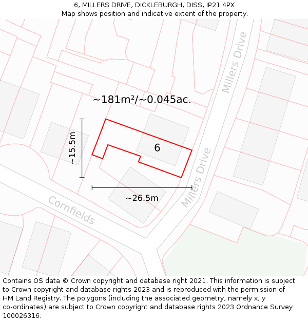 6, MILLERS DRIVE, DICKLEBURGH, DISS, IP21 4PX: Plot and title map