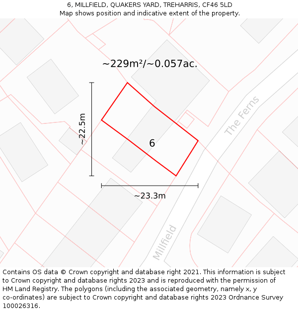 6, MILLFIELD, QUAKERS YARD, TREHARRIS, CF46 5LD: Plot and title map
