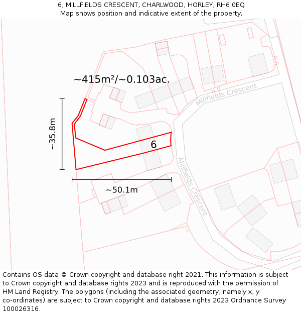 6, MILLFIELDS CRESCENT, CHARLWOOD, HORLEY, RH6 0EQ: Plot and title map