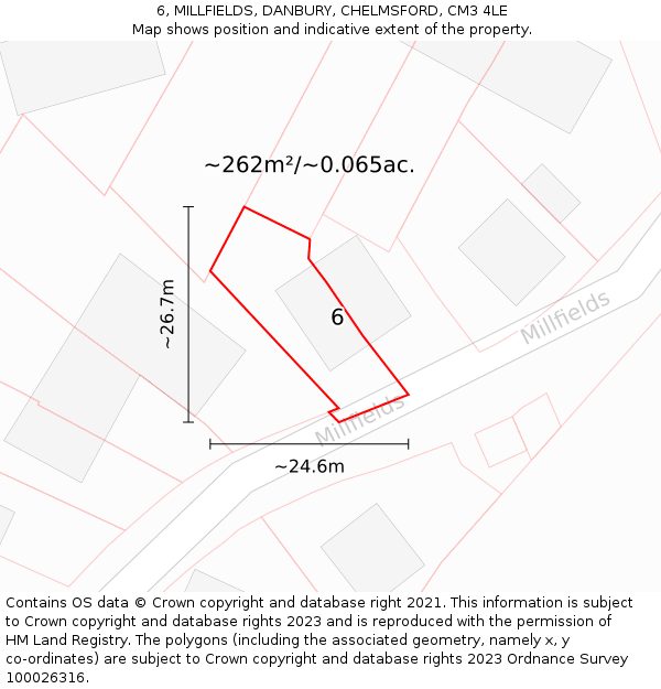6, MILLFIELDS, DANBURY, CHELMSFORD, CM3 4LE: Plot and title map