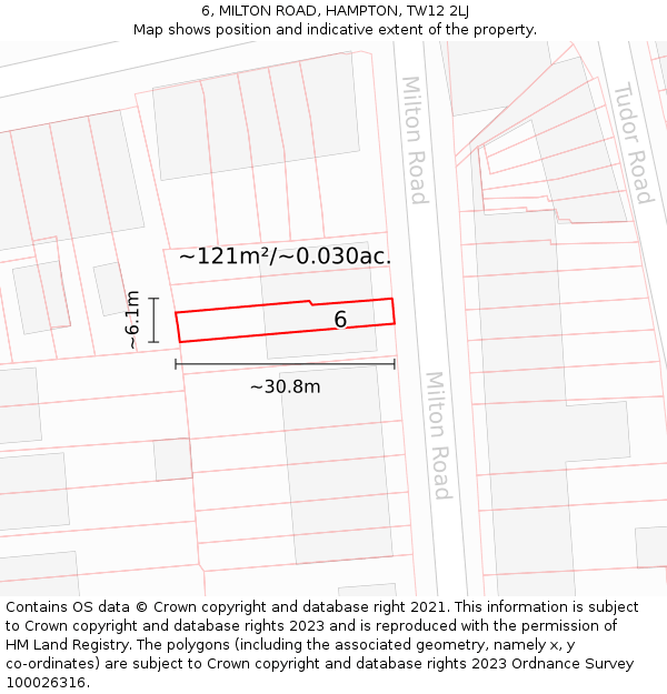 6, MILTON ROAD, HAMPTON, TW12 2LJ: Plot and title map
