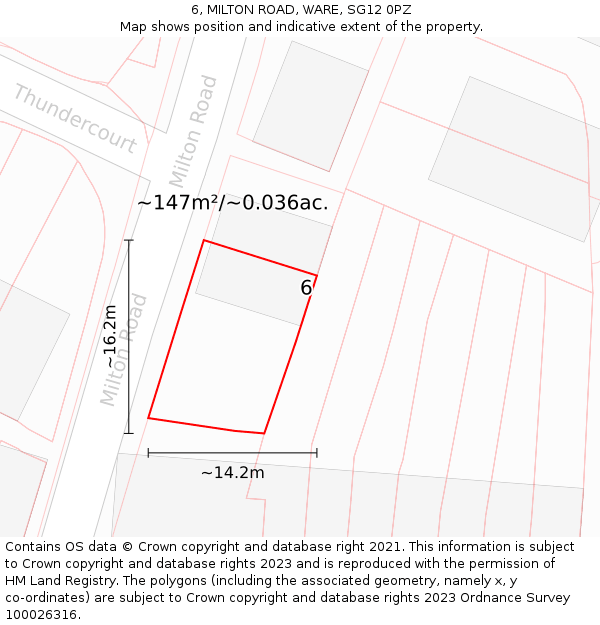 6, MILTON ROAD, WARE, SG12 0PZ: Plot and title map