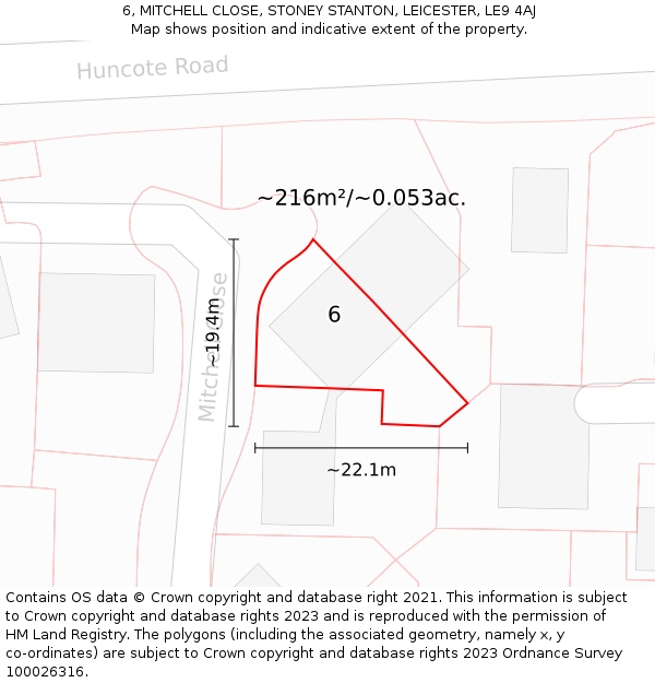 6, MITCHELL CLOSE, STONEY STANTON, LEICESTER, LE9 4AJ: Plot and title map