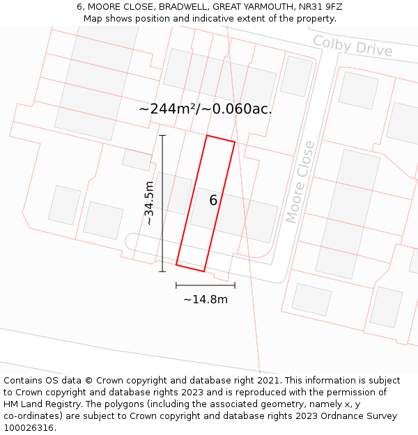 6, MOORE CLOSE, BRADWELL, GREAT YARMOUTH, NR31 9FZ: Plot and title map