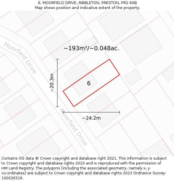 6, MOORFIELD DRIVE, RIBBLETON, PRESTON, PR2 6AB: Plot and title map