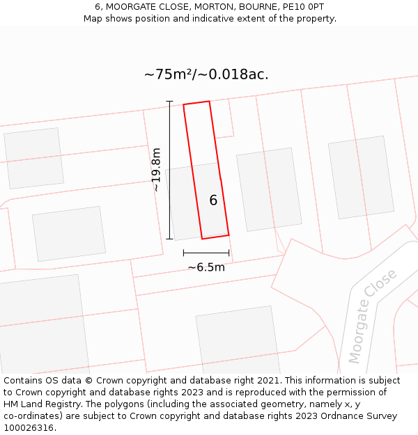 6, MOORGATE CLOSE, MORTON, BOURNE, PE10 0PT: Plot and title map