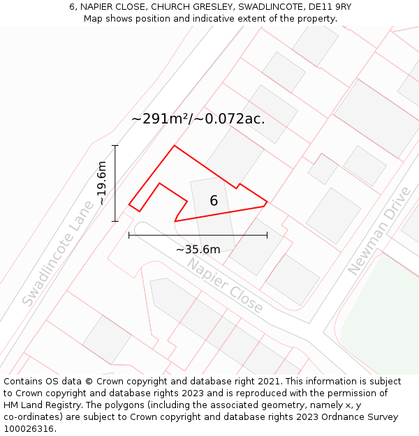 6, NAPIER CLOSE, CHURCH GRESLEY, SWADLINCOTE, DE11 9RY: Plot and title map