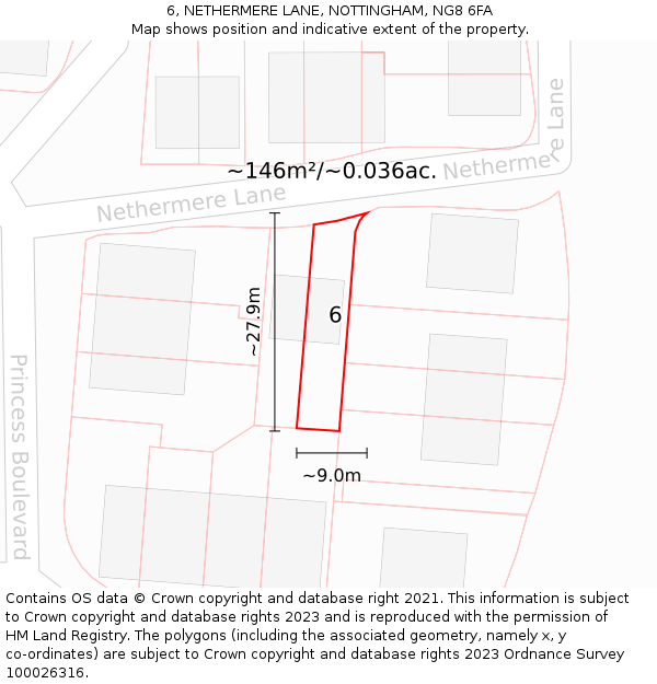 6, NETHERMERE LANE, NOTTINGHAM, NG8 6FA: Plot and title map