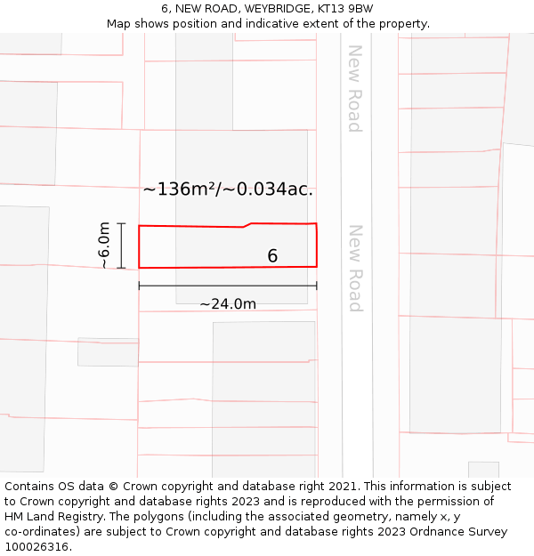 6, NEW ROAD, WEYBRIDGE, KT13 9BW: Plot and title map