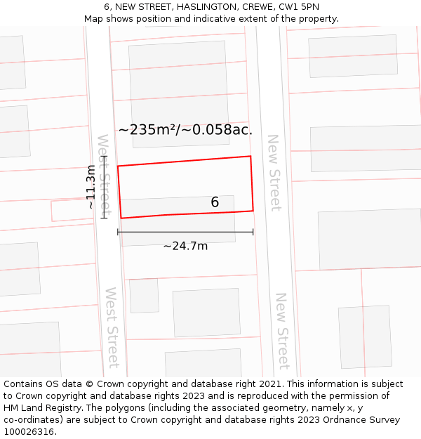 6, NEW STREET, HASLINGTON, CREWE, CW1 5PN: Plot and title map