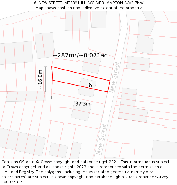 6, NEW STREET, MERRY HILL, WOLVERHAMPTON, WV3 7NW: Plot and title map