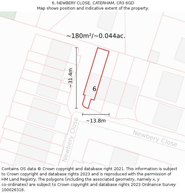 6, NEWBERY CLOSE, CATERHAM, CR3 6GD: Plot and title map