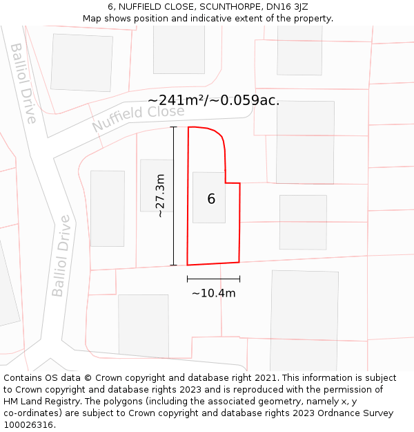 6, NUFFIELD CLOSE, SCUNTHORPE, DN16 3JZ: Plot and title map
