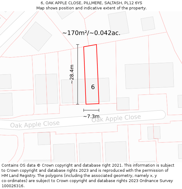 6, OAK APPLE CLOSE, PILLMERE, SALTASH, PL12 6YS: Plot and title map