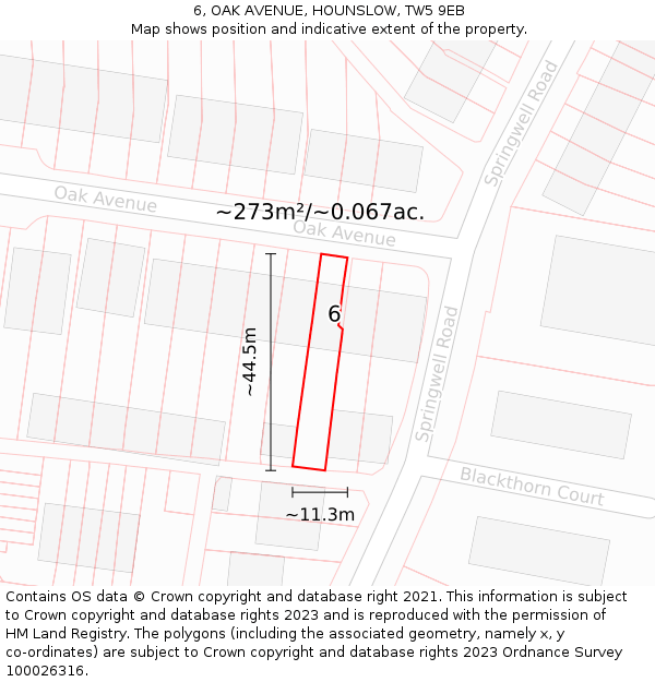 6, OAK AVENUE, HOUNSLOW, TW5 9EB: Plot and title map