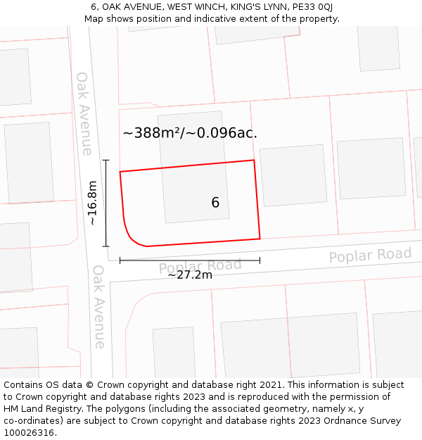 6, OAK AVENUE, WEST WINCH, KING'S LYNN, PE33 0QJ: Plot and title map