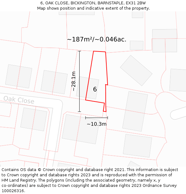 6, OAK CLOSE, BICKINGTON, BARNSTAPLE, EX31 2BW: Plot and title map