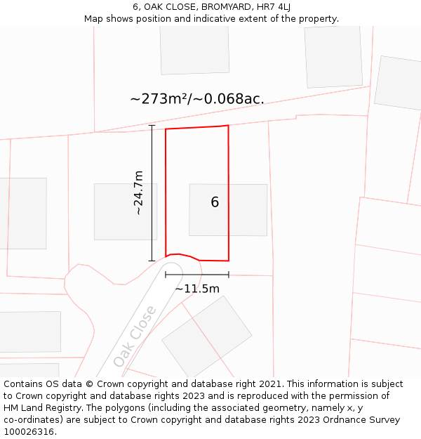 6, OAK CLOSE, BROMYARD, HR7 4LJ: Plot and title map