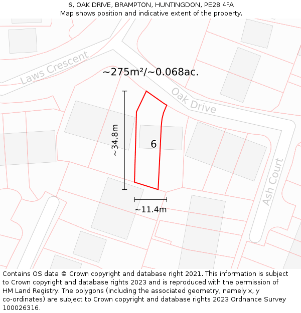 6, OAK DRIVE, BRAMPTON, HUNTINGDON, PE28 4FA: Plot and title map