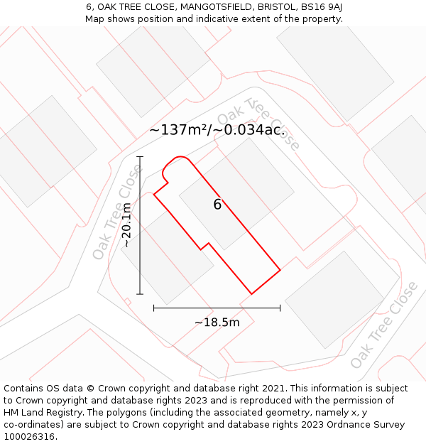 6, OAK TREE CLOSE, MANGOTSFIELD, BRISTOL, BS16 9AJ: Plot and title map