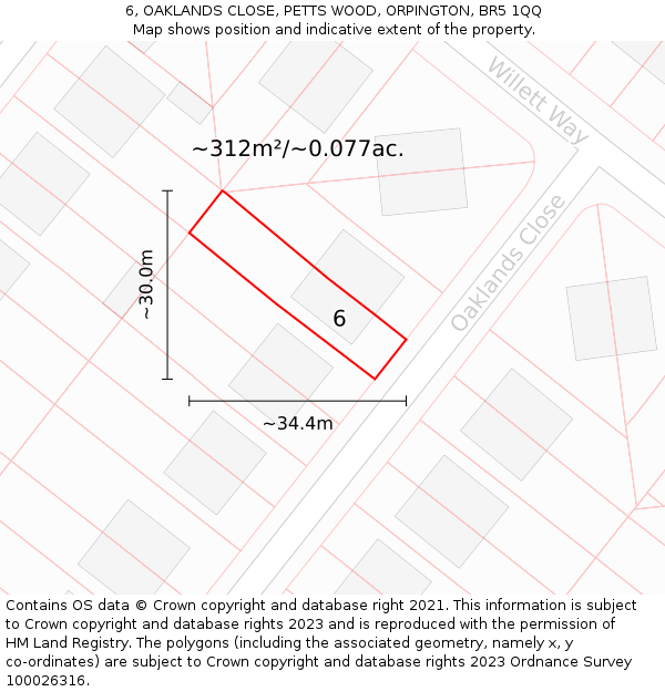 6, OAKLANDS CLOSE, PETTS WOOD, ORPINGTON, BR5 1QQ: Plot and title map