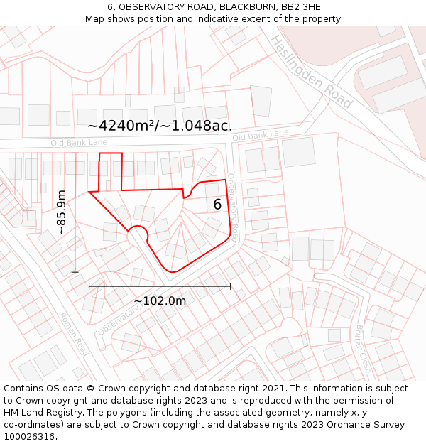 6, OBSERVATORY ROAD, BLACKBURN, BB2 3HE: Plot and title map