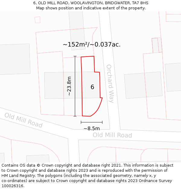 6, OLD MILL ROAD, WOOLAVINGTON, BRIDGWATER, TA7 8HS: Plot and title map