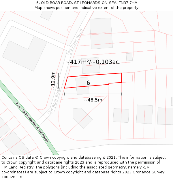 6, OLD ROAR ROAD, ST LEONARDS-ON-SEA, TN37 7HA: Plot and title map