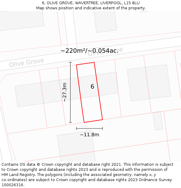 6, OLIVE GROVE, WAVERTREE, LIVERPOOL, L15 8LU: Plot and title map