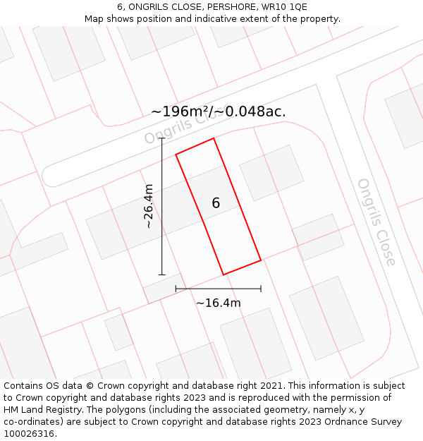 6, ONGRILS CLOSE, PERSHORE, WR10 1QE: Plot and title map