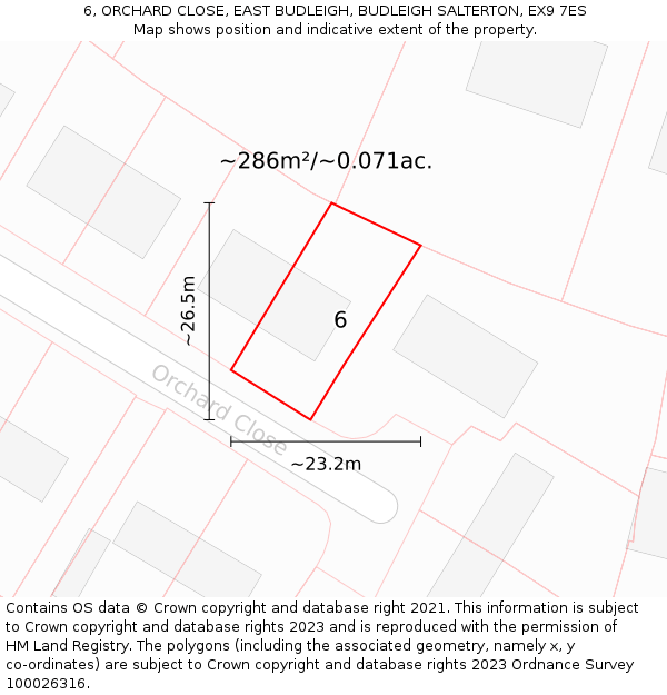 6, ORCHARD CLOSE, EAST BUDLEIGH, BUDLEIGH SALTERTON, EX9 7ES: Plot and title map