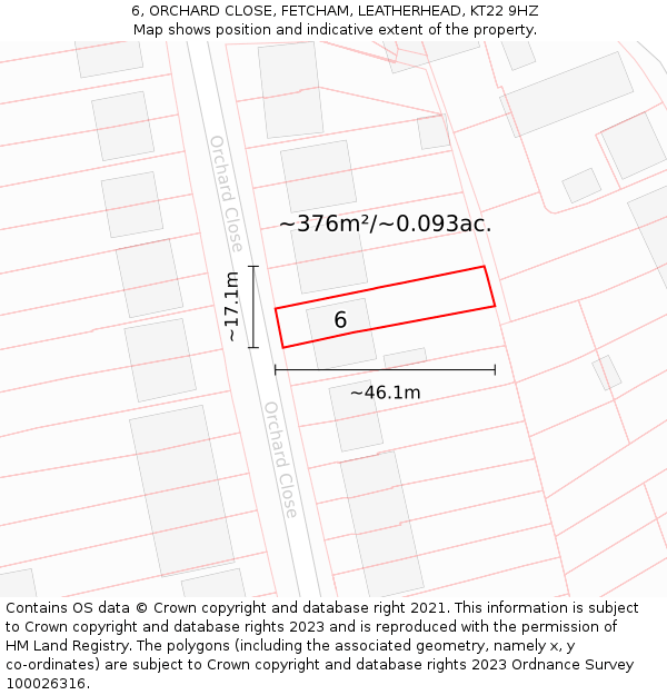 6, ORCHARD CLOSE, FETCHAM, LEATHERHEAD, KT22 9HZ: Plot and title map