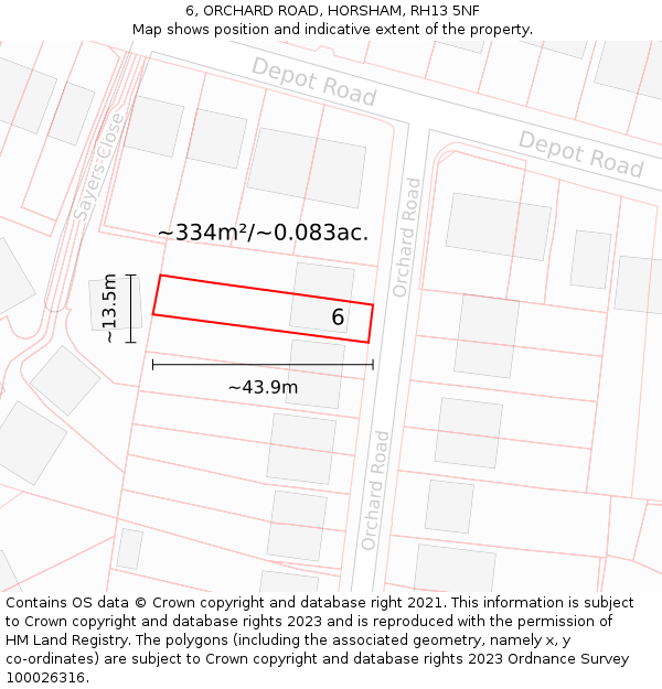 6, ORCHARD ROAD, HORSHAM, RH13 5NF: Plot and title map