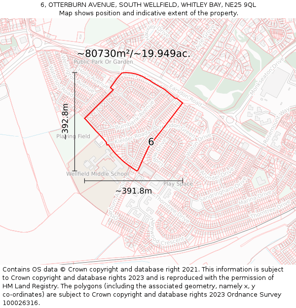 6, OTTERBURN AVENUE, SOUTH WELLFIELD, WHITLEY BAY, NE25 9QL: Plot and title map