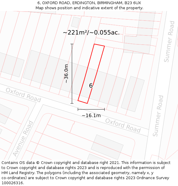 6, OXFORD ROAD, ERDINGTON, BIRMINGHAM, B23 6UX: Plot and title map