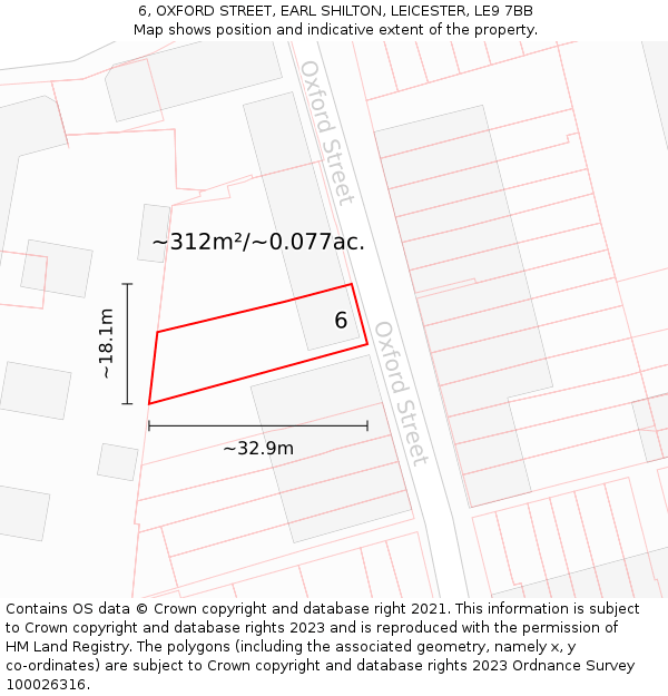 6, OXFORD STREET, EARL SHILTON, LEICESTER, LE9 7BB: Plot and title map