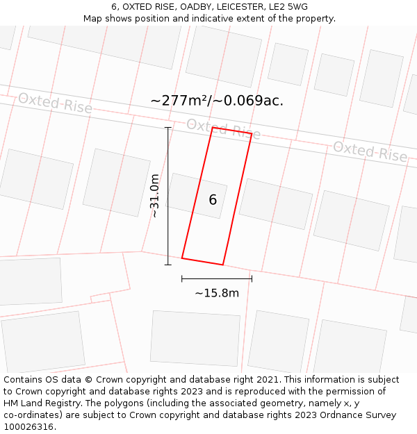 6, OXTED RISE, OADBY, LEICESTER, LE2 5WG: Plot and title map