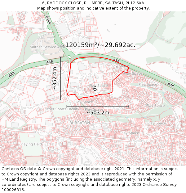 6, PADDOCK CLOSE, PILLMERE, SALTASH, PL12 6XA: Plot and title map