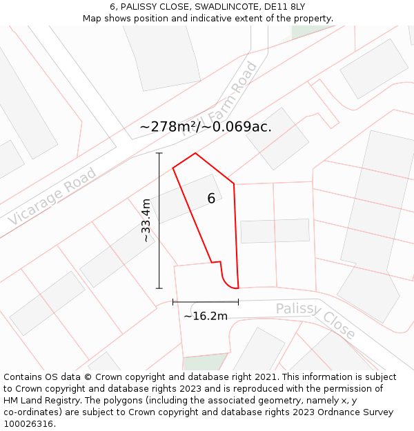 6, PALISSY CLOSE, SWADLINCOTE, DE11 8LY: Plot and title map