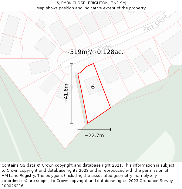 6, PARK CLOSE, BRIGHTON, BN1 9AJ: Plot and title map