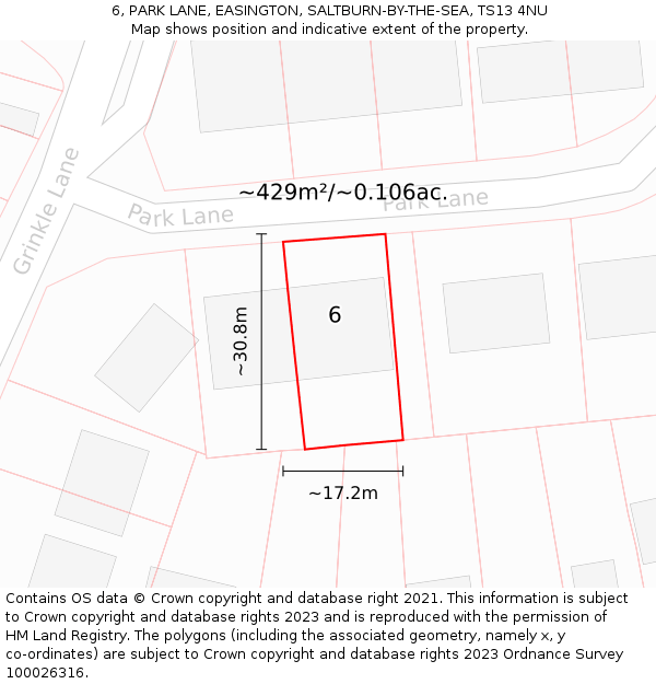 6, PARK LANE, EASINGTON, SALTBURN-BY-THE-SEA, TS13 4NU: Plot and title map